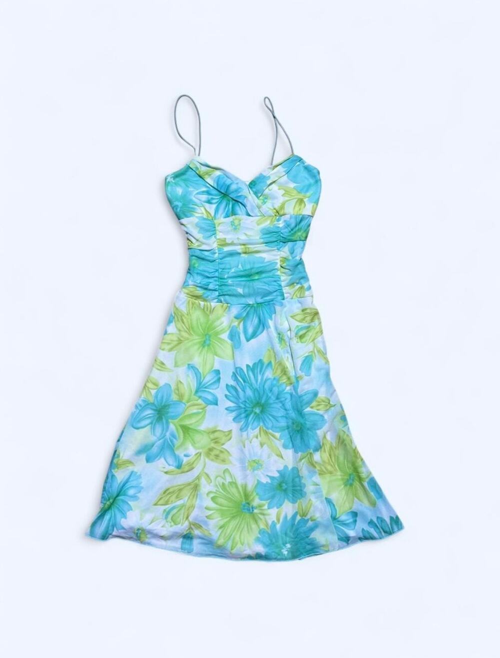 Vtg Y2K Byer Too Green Blue Watercolor Spaghetti Strap Babydoll Dress Size XXS